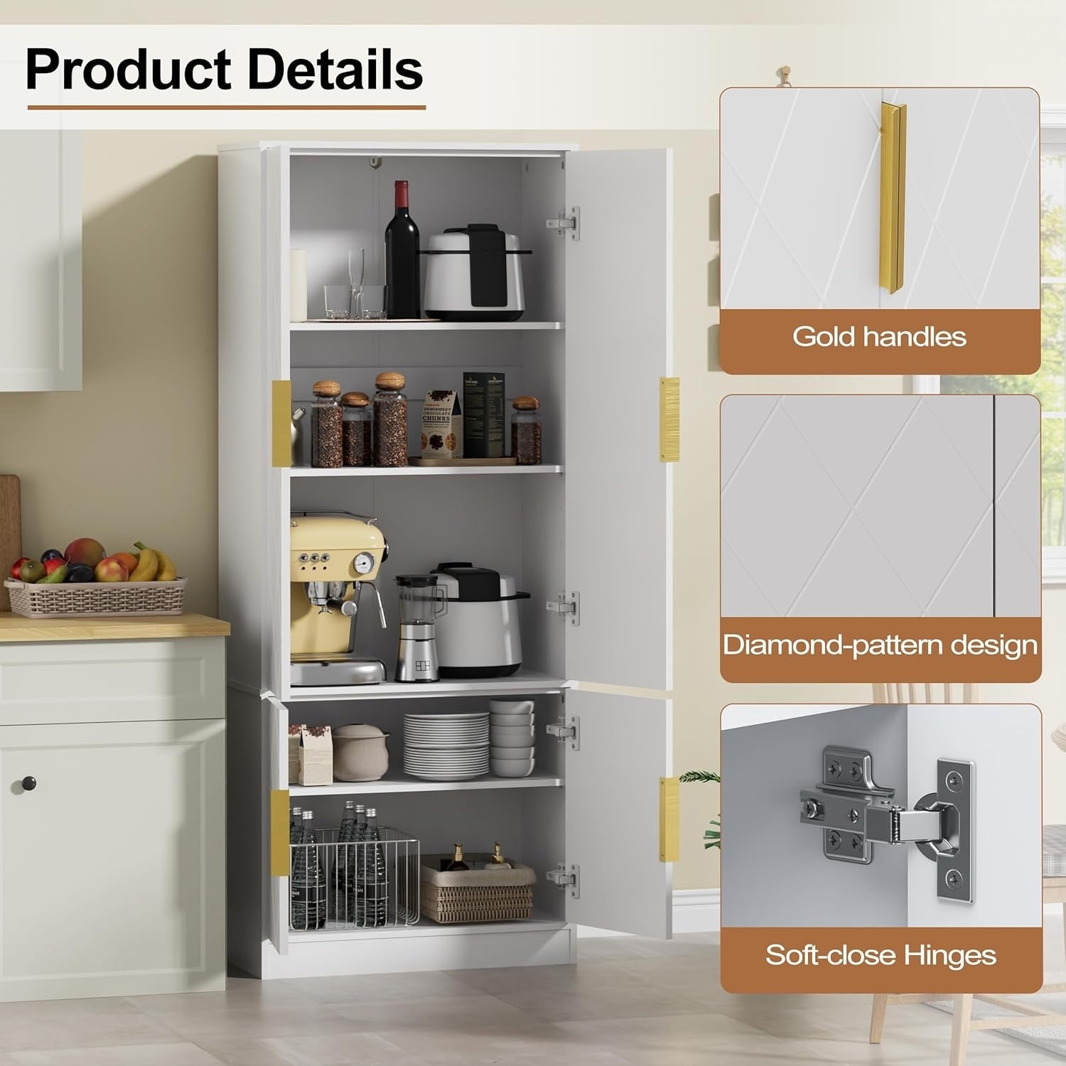 Tall Kitchen Cupboard White 4-Door Buffet Cabinet Storage Unit