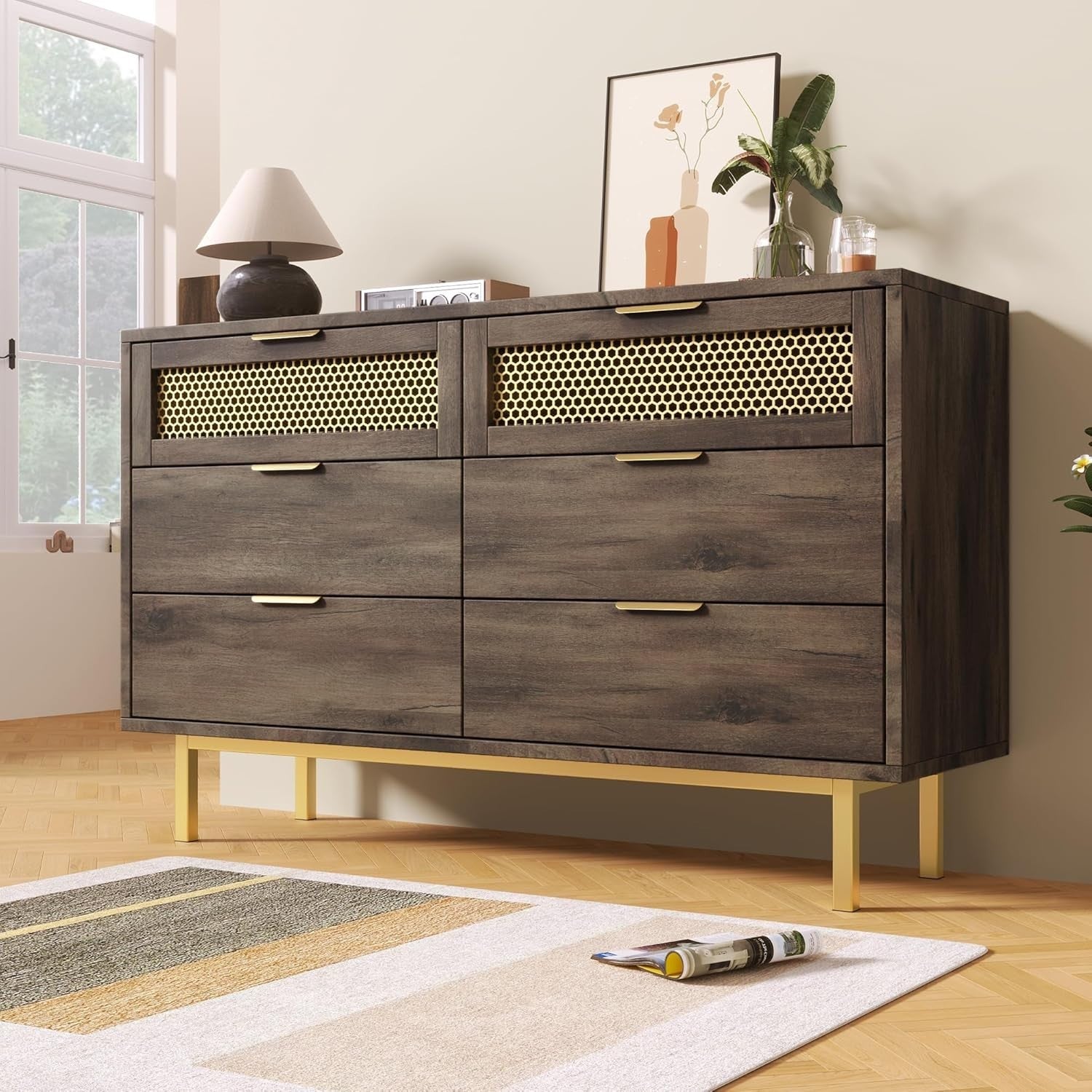 Wood Sideboard Cabinet 120cm 6 Drawer Storage Unit Metal Legs Modern Hallway
