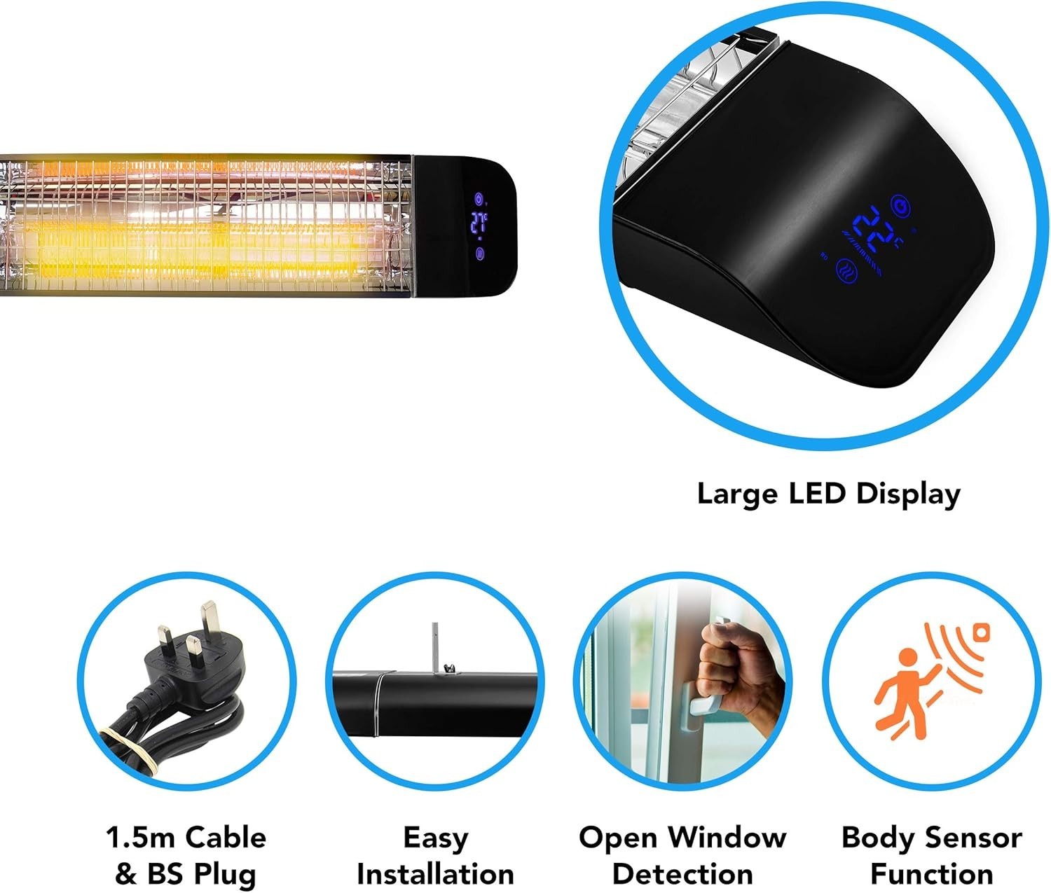 Smart Infrared Patio Heater 2000W Wall Mounted IP65 WiFi Timer Remote