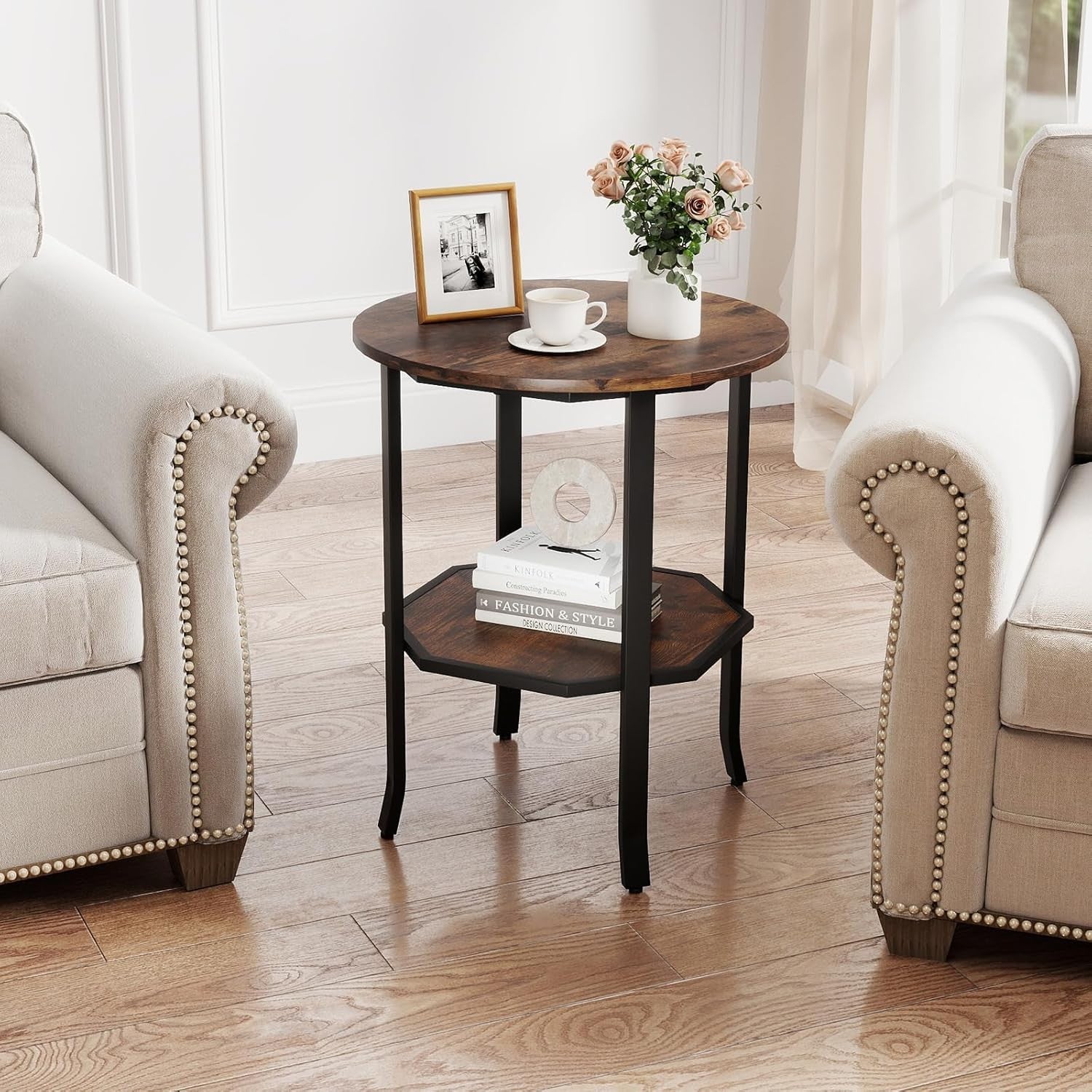 Rustic Brown Round Side Table | 2-Tier Industrial Sofa End Table with Shelf 50×6