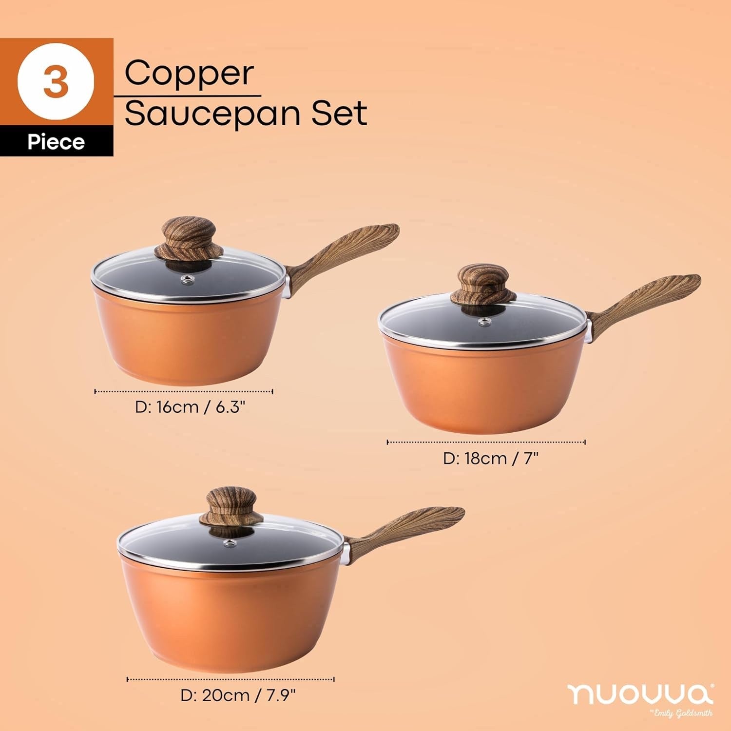 3pcs Copper Non-Stick  Saucepan Set with Lids 16cm 18cm 20cm Induction Ready