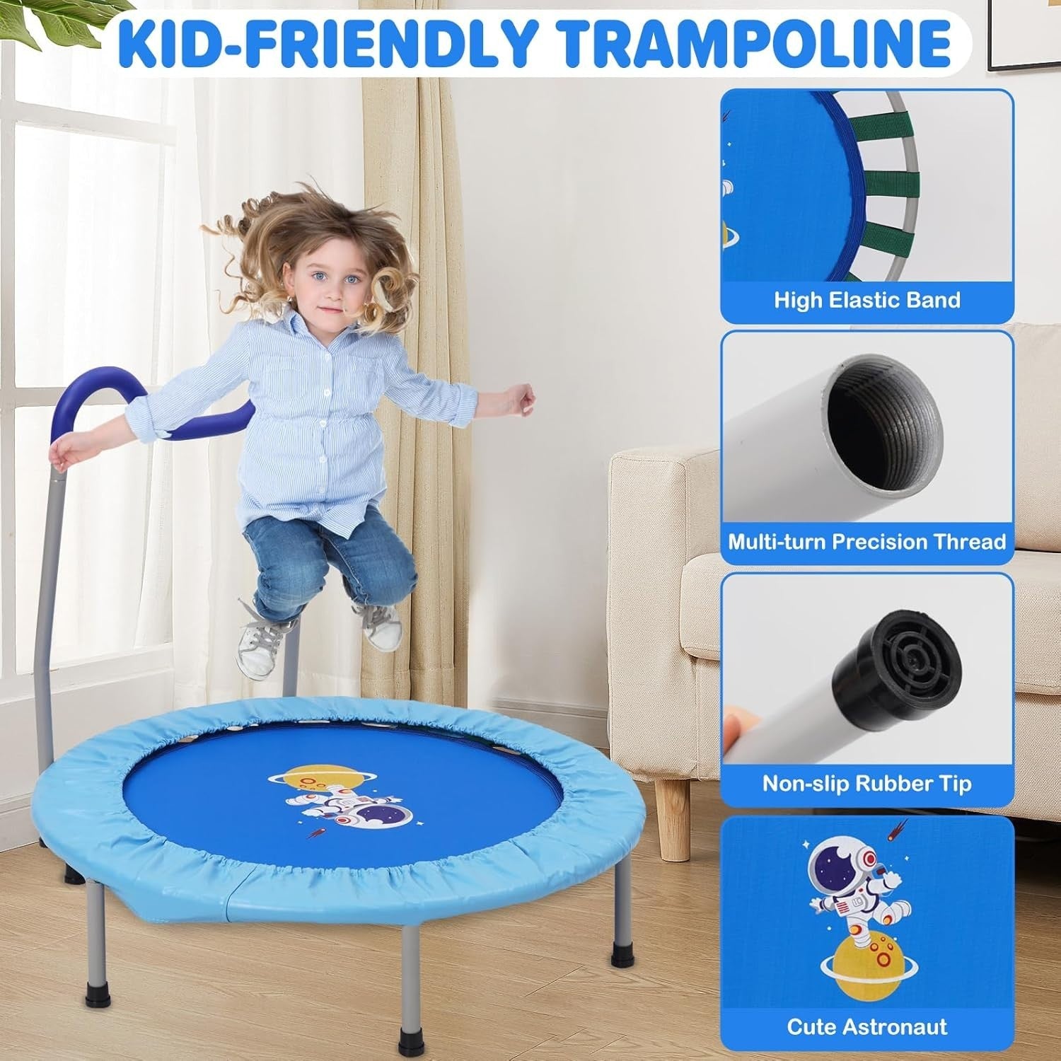 36in Kids Trampoline Adjustable Handle Foldable Indoor Outdoor Blue