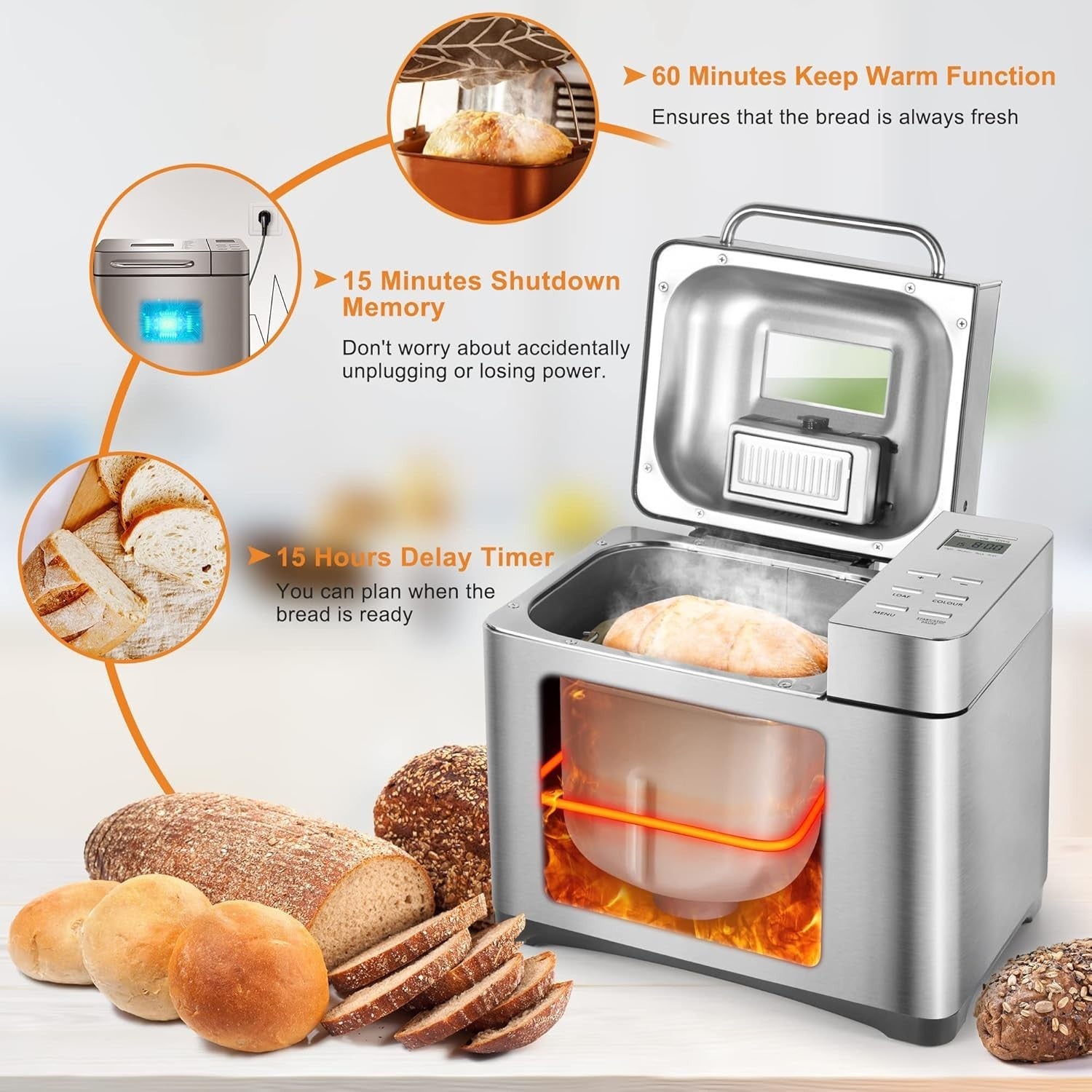 Bread Maker Machine 19 Programs 2.2LB Nut Dispenser Gluten Free Stainless Steel