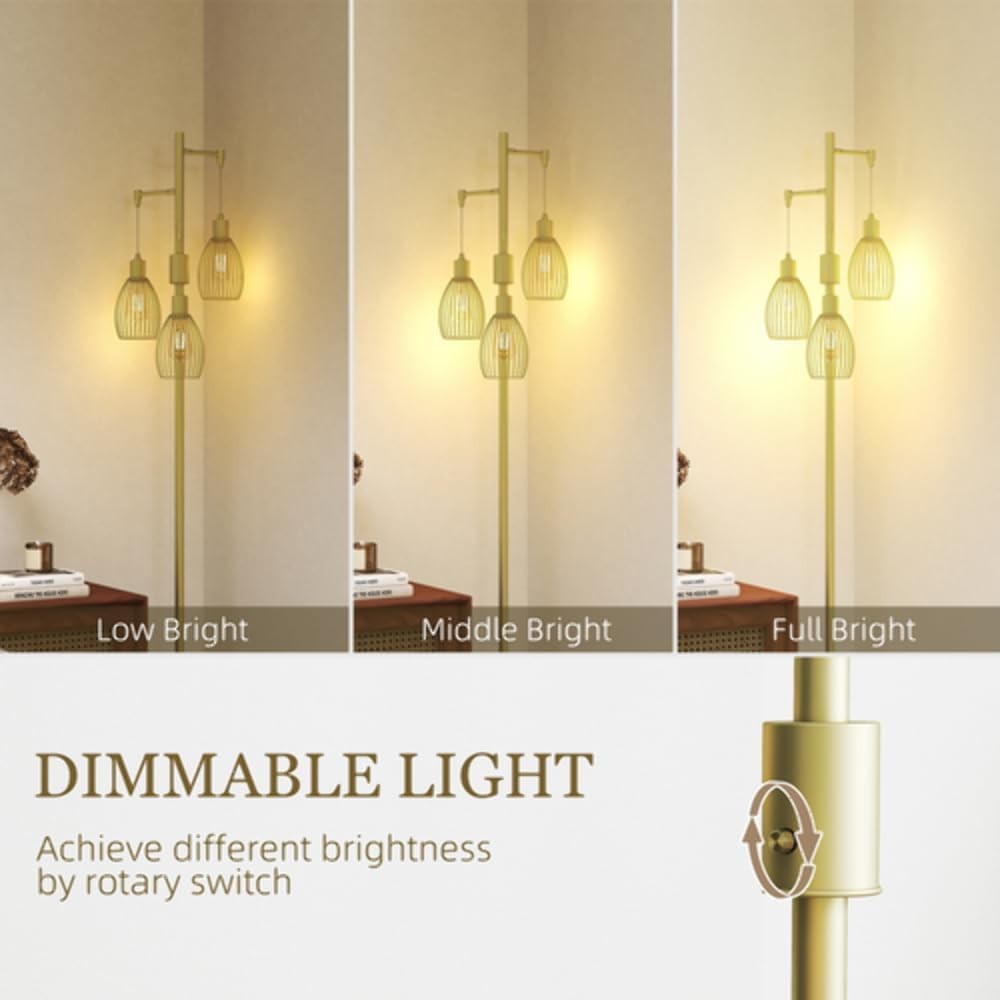 Gold Industrial 3 Light Floor Lamp Dimmable Steel Cage Standing Lamp