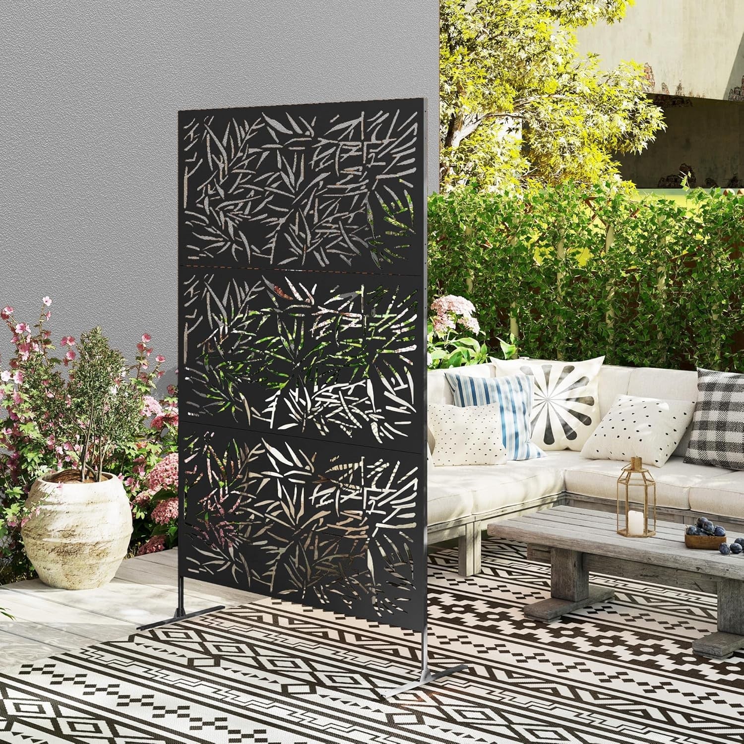 Garden Privacy Screen Freestanding Metal Divider Bamboo Design 6.5FT Outdoor