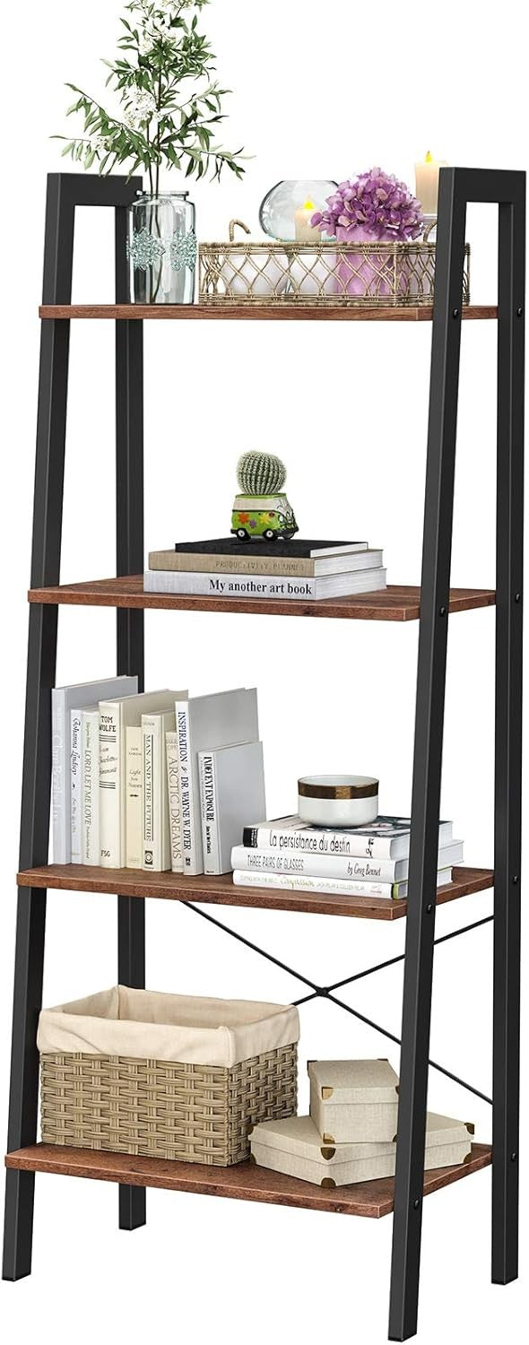 4-Tier Industrial Ladder Shelf Bookcase – Rustic Hazelnut Storage Unit for Home