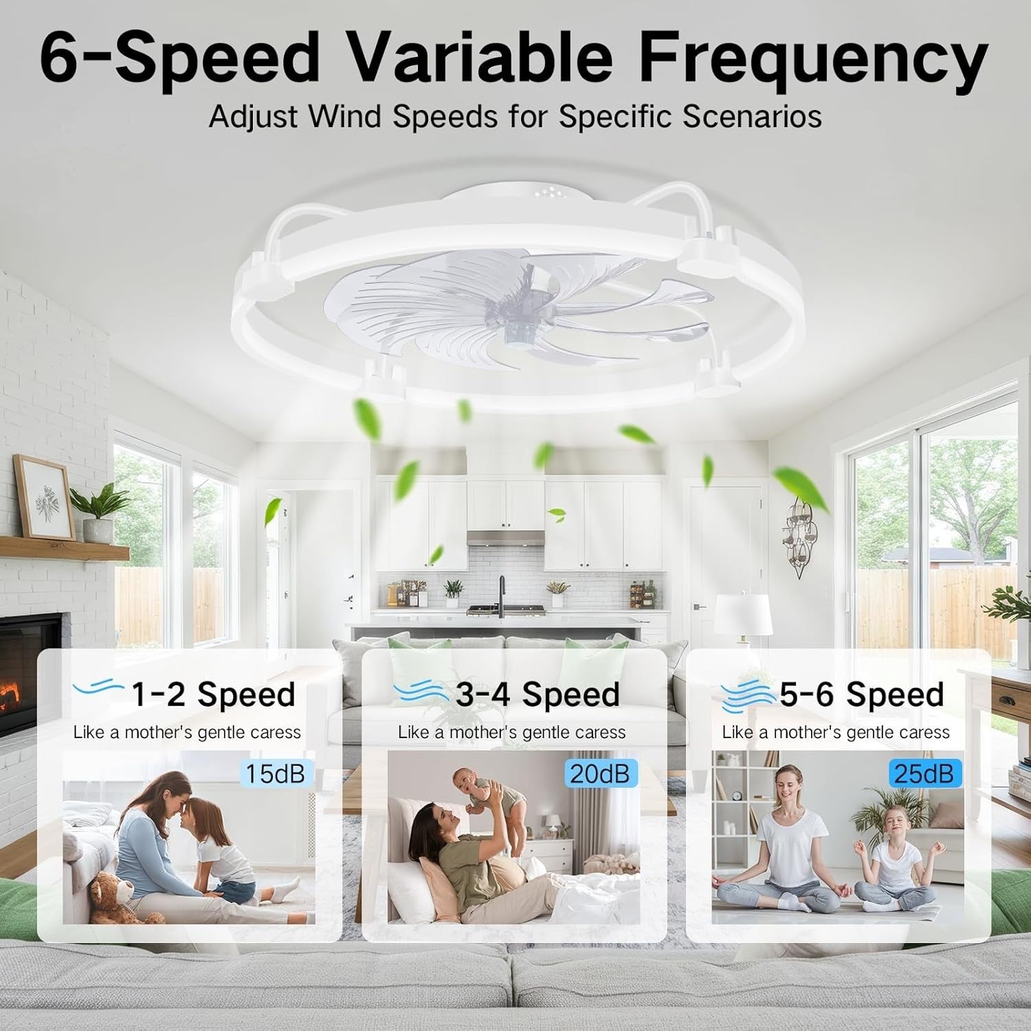 60CM Ceiling Fan with Light, 6-Speed, Remote, Reversible, White, LED