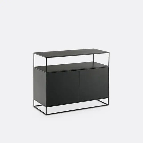 Modern Black Metal Sideboard Cabinet with Open Shelf & Storage Doors