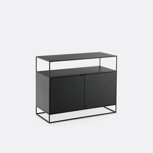 Modern Black Metal Sideboard Cabinet with Open Shelf & Storage Doors