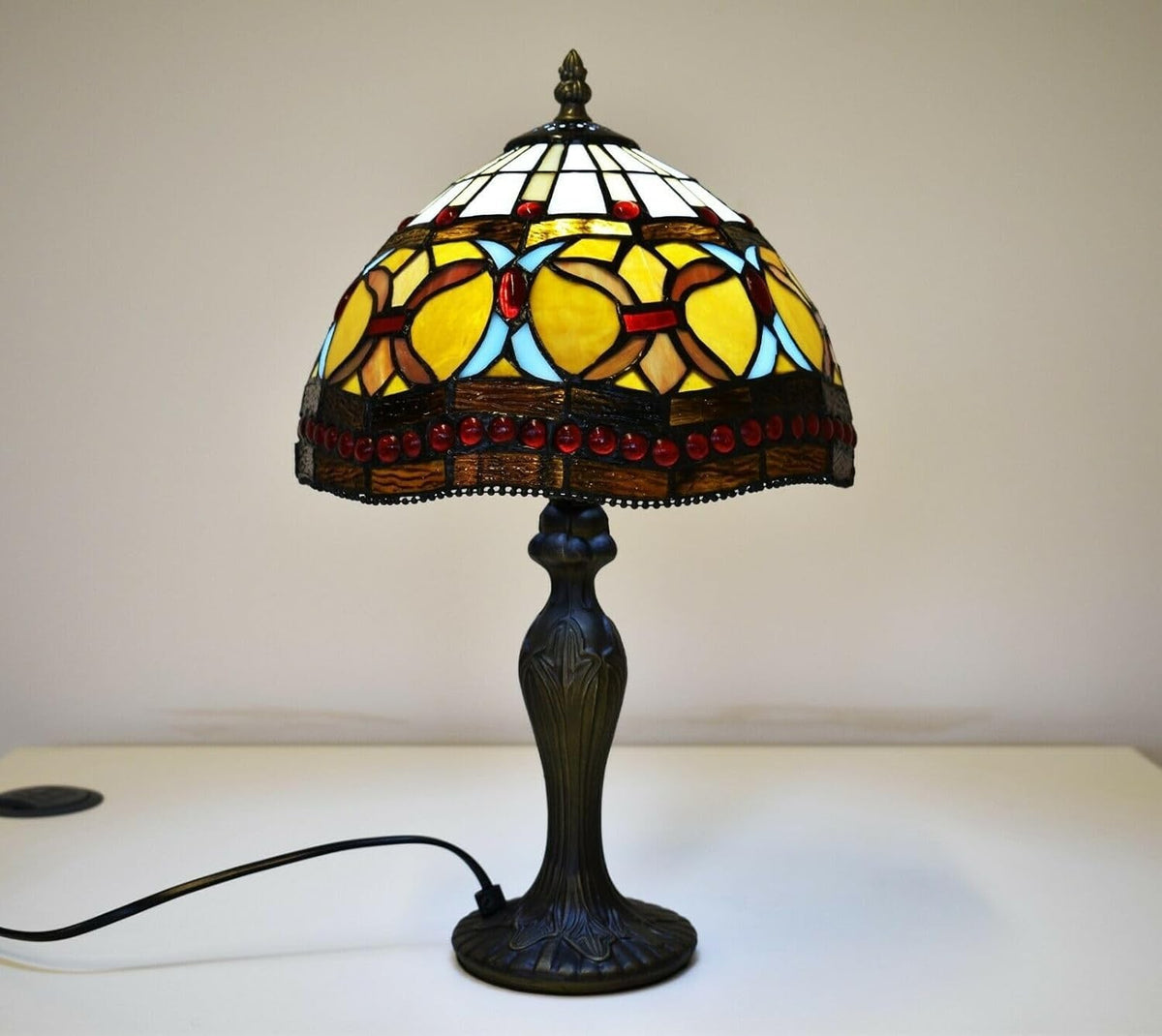 Antique Floral Tiffany Table Lamp, Stained Glass Shade, 42cm Height