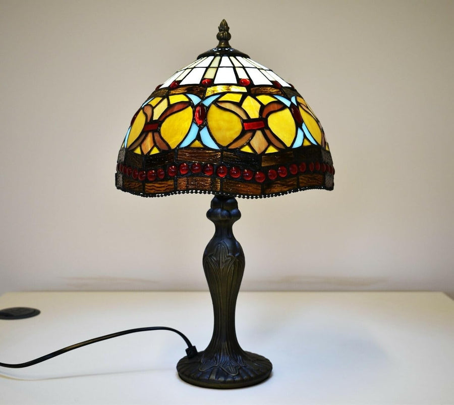 Antique Floral Tiffany Table Lamp, Stained Glass Shade, 42cm Height