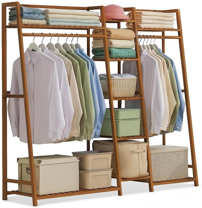 Bamboo Clothes Rack Freestanding Coat Rail with Shelf for Bedroom