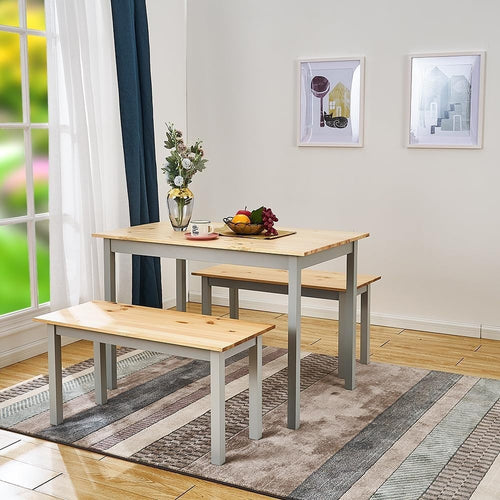 Solid Pine Dining Table & 2 Benches Set | Durable Kitchen Furniture Grey