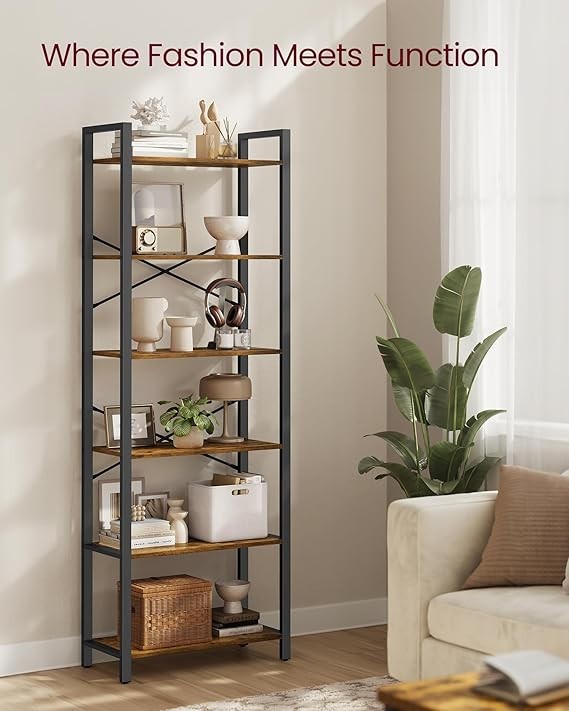 6-Tier Industrial Bookshelf Tall Rustic Brown Metal Wood Storage Unit