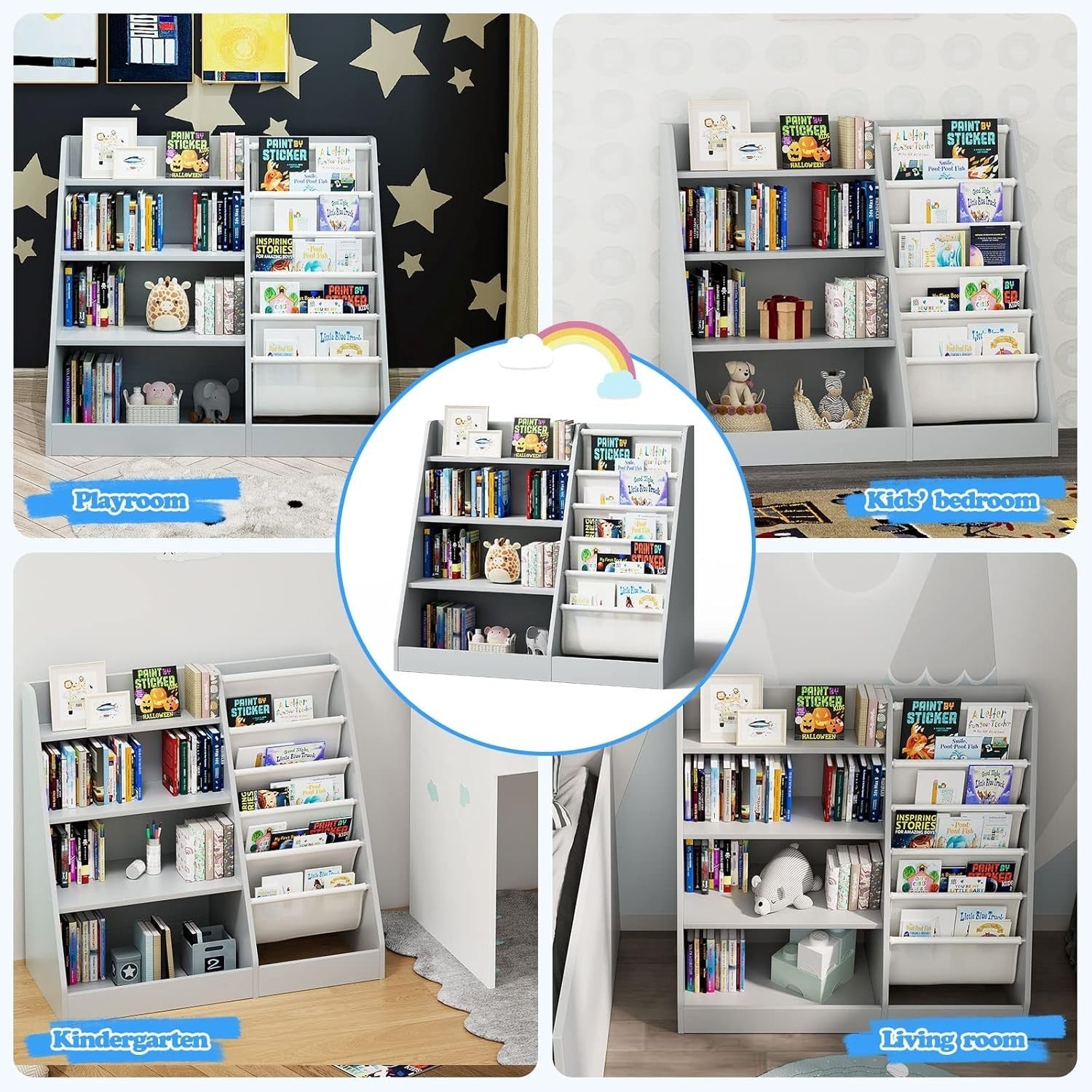 Kids Bookshelf 5 Tier Wooden Book Rack Toy Storage Organizer Grey