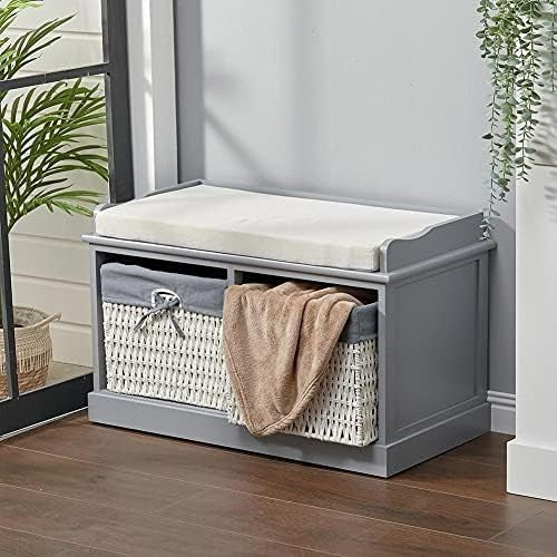 Blue-Grey Storage Bench with Cushion 2 Wicker Baskets Hallway Cabinet Seat