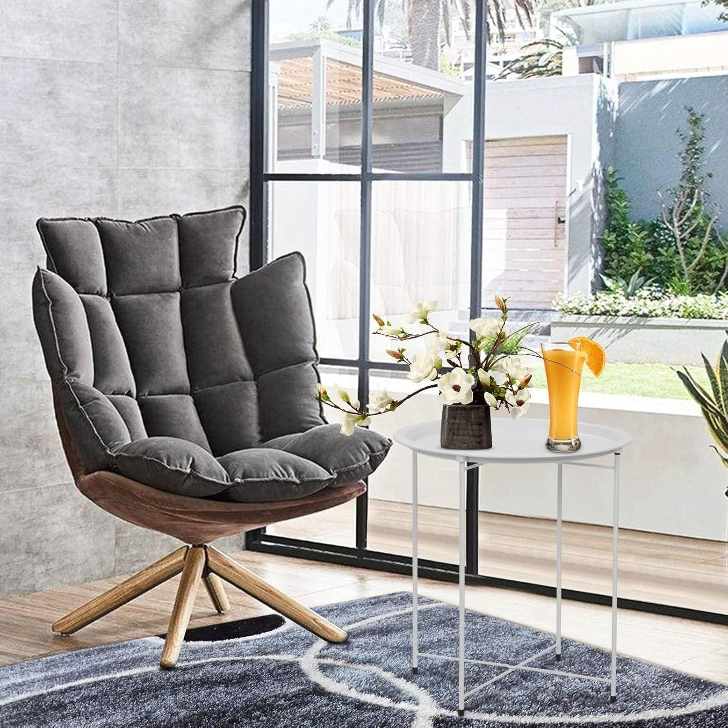 Round Tray Side Table with Removable Tray – 47x50cm Metal End Table