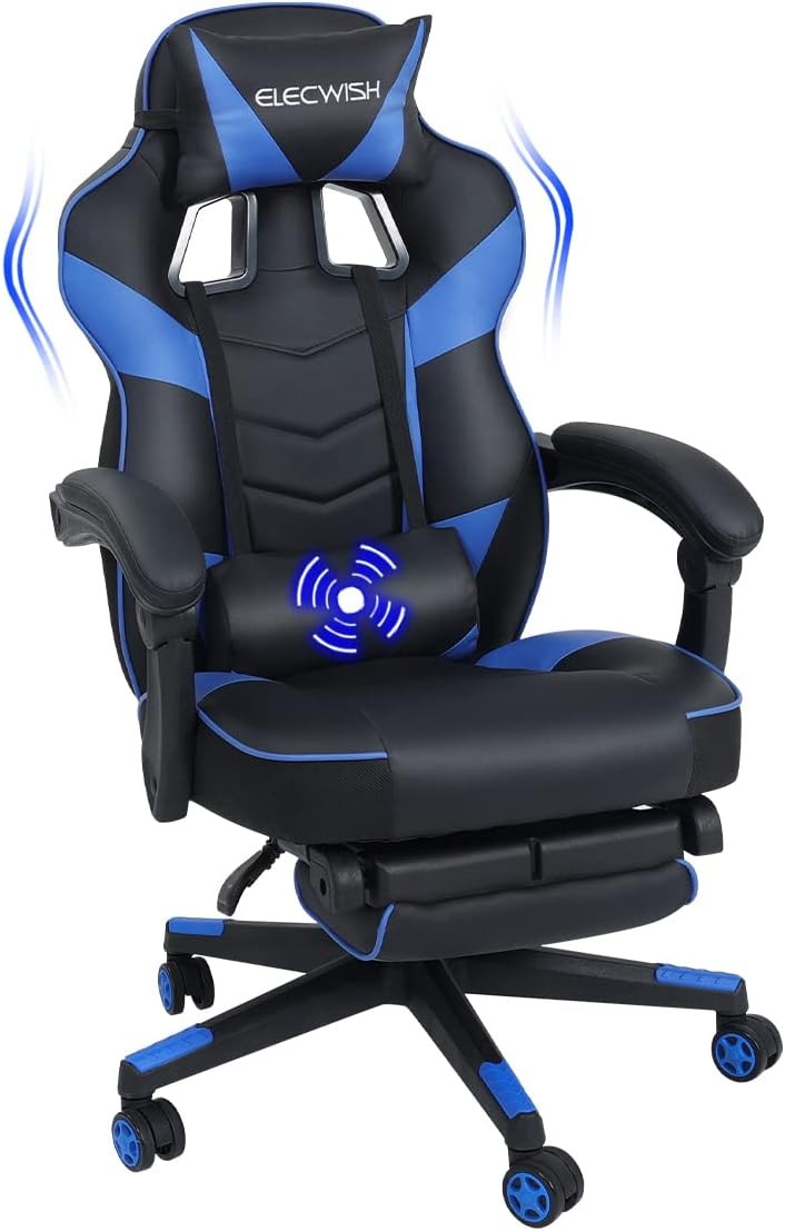 Gaming Chair with Massage & Footrest Reclining Ergonomic Blue