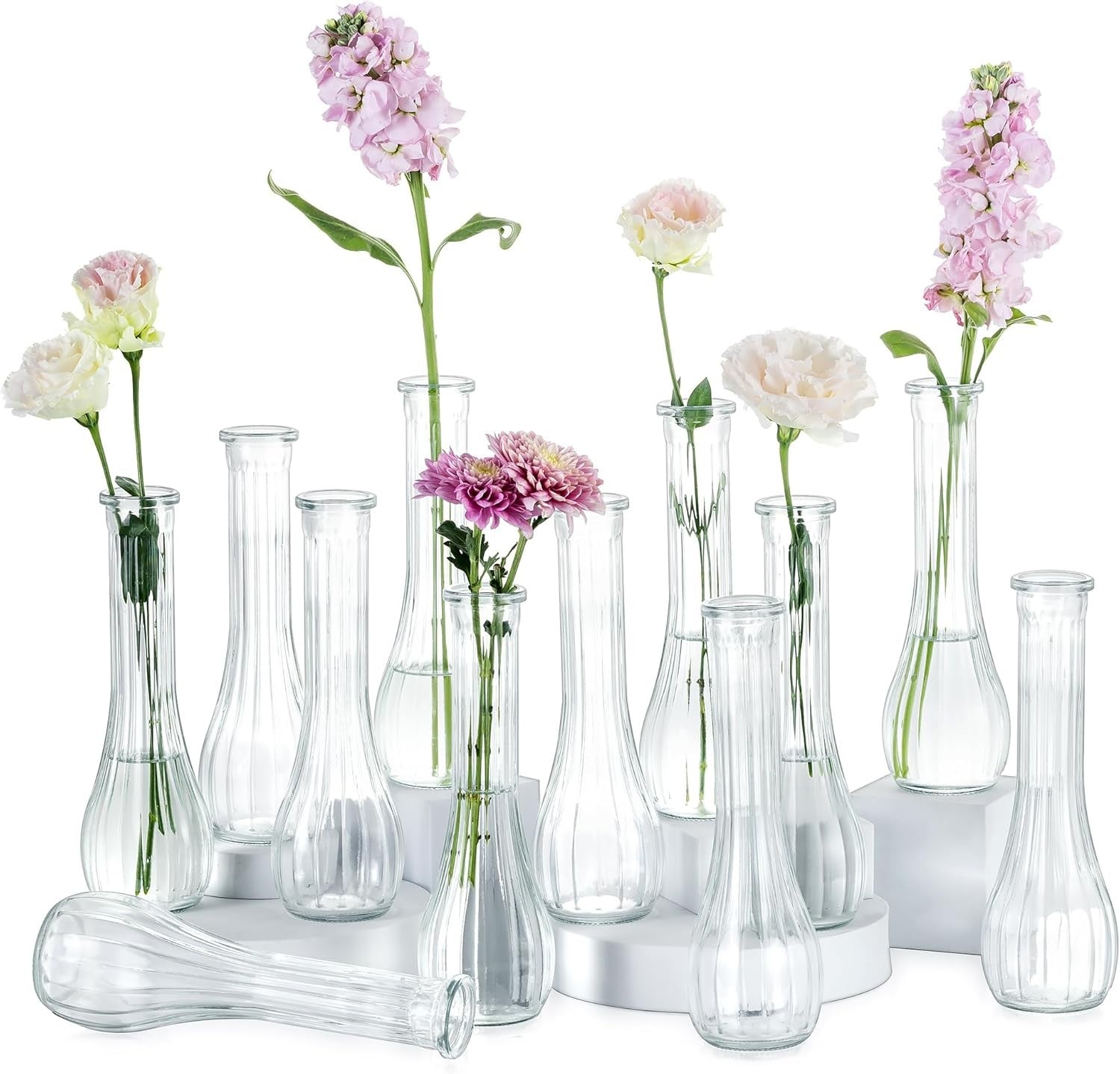Clear Glass Bud Vase Set of 12 Tall Ribbed Flower Vases Wedding Table Decor