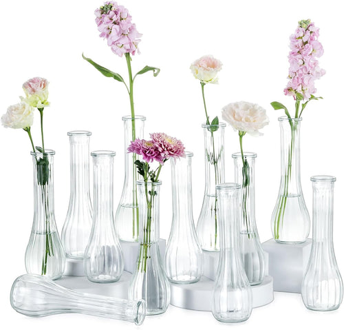 Clear Glass Bud Vase Set of 12 Tall Ribbed Flower Vases Wedding Table Decor