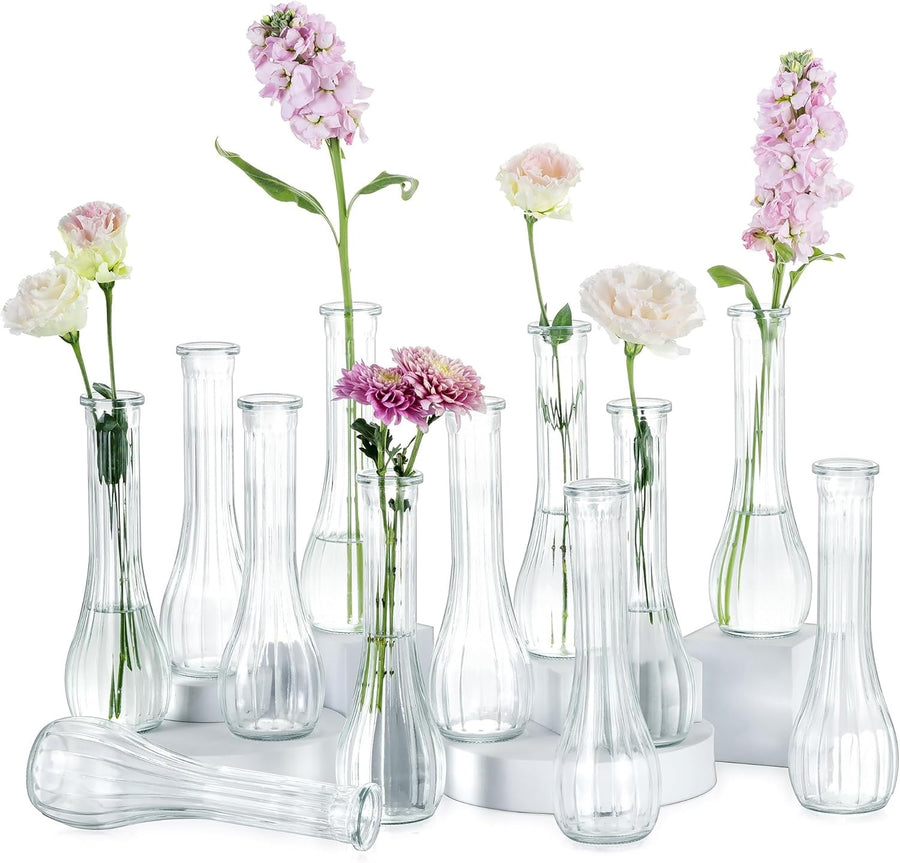 Clear Glass Bud Vase Set of 12 Tall Ribbed Flower Vases Wedding Table Decor
