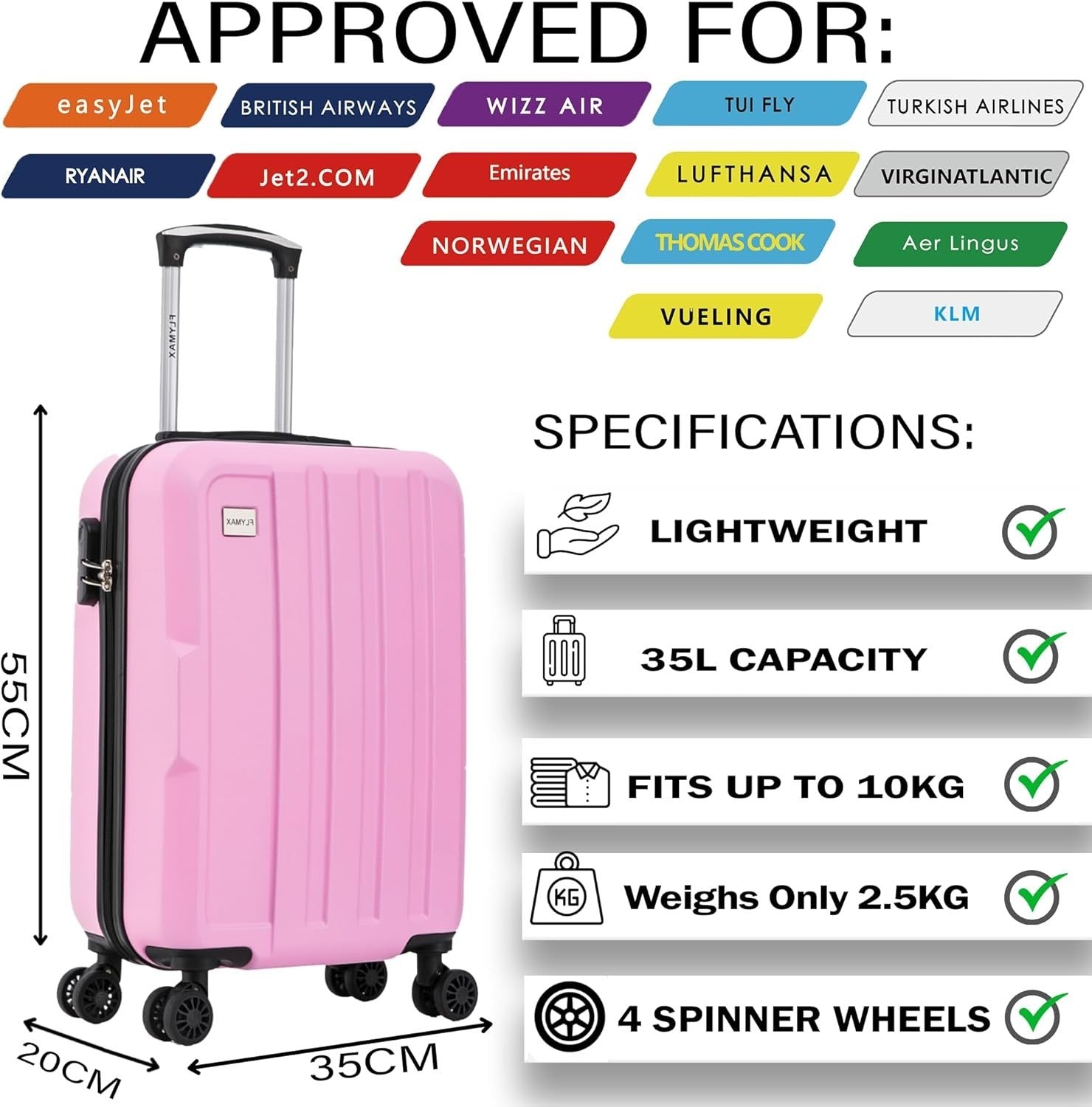 Carry On Travel Case 55x35x20 Ultra Lightweight ABS Spinner Cabin Luggage 35L