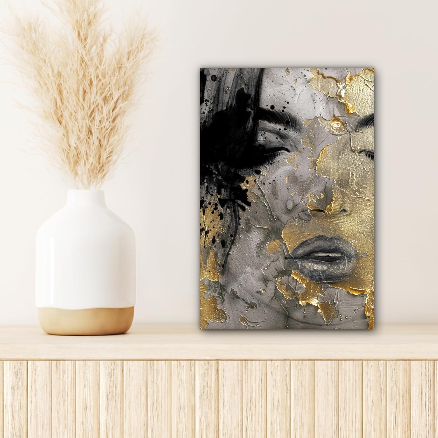 Gold Black Woman Abstract Canvas Wall Art 20x30cm Framed Print