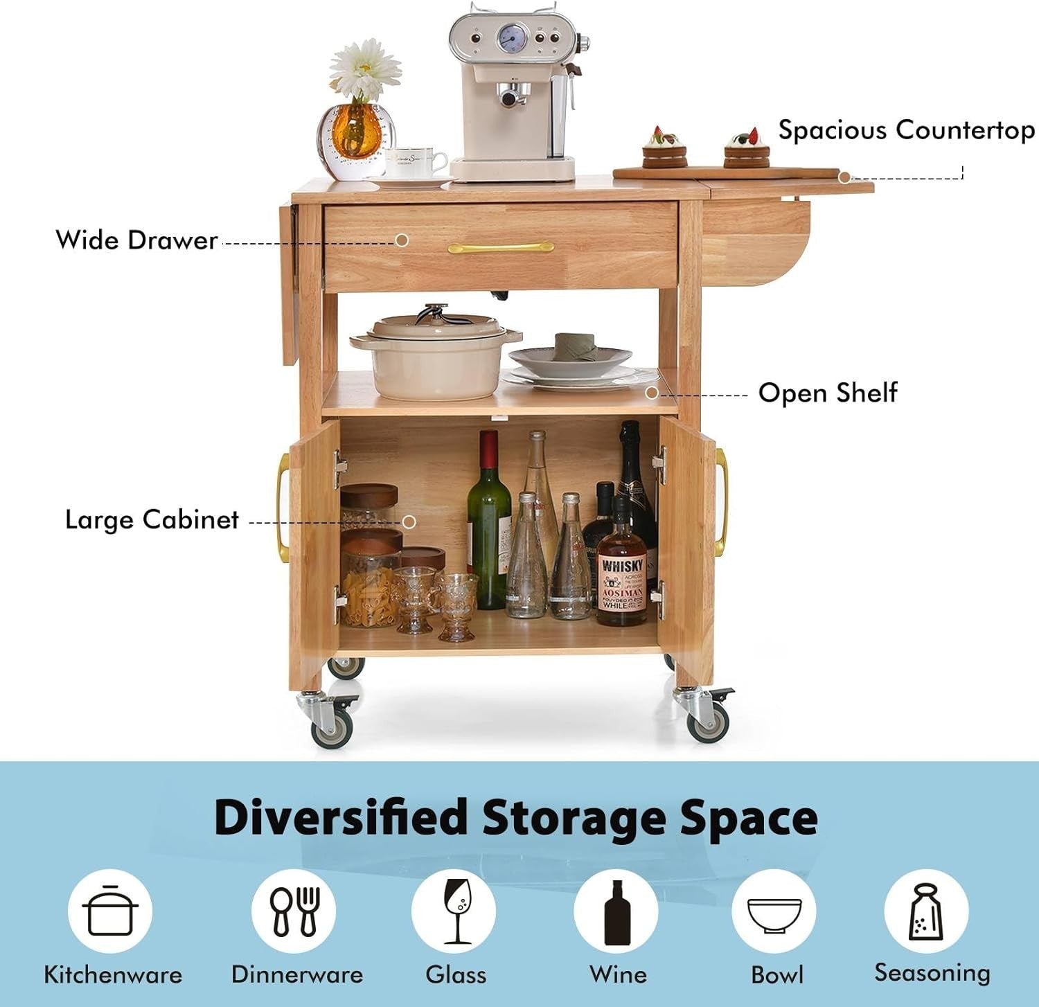 Kitchen Island on Wheels Rolling Trolley Cart Drawer Cabinet Drop Leaf Top