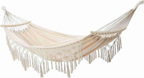Luxury Canvas Hammock with Wooden Spreader Bar – Anti-Roll Design & Tassels
