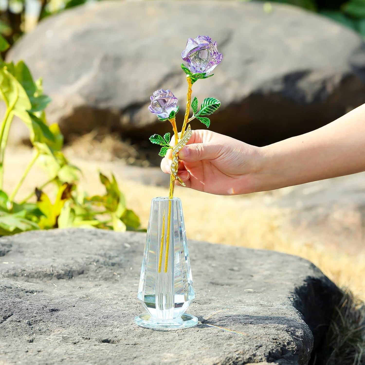 Crystal Purple Rose Ornament with Vase – Luxury Glass Flower Gift for Her Decor