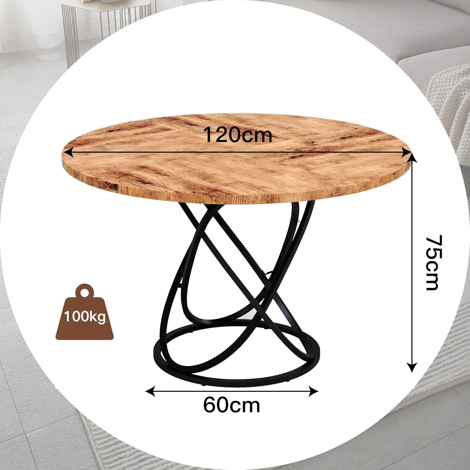 Round Rustic Dining Table 6-8 Seater Wood Metal Base Kitchen 120cm
