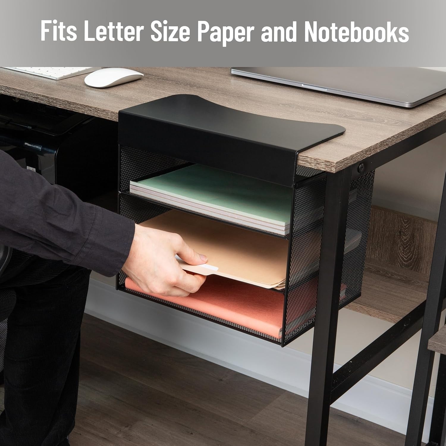 Under Desk Hanging File Organizer | Laptop, Folder, Notebook Storage, Black