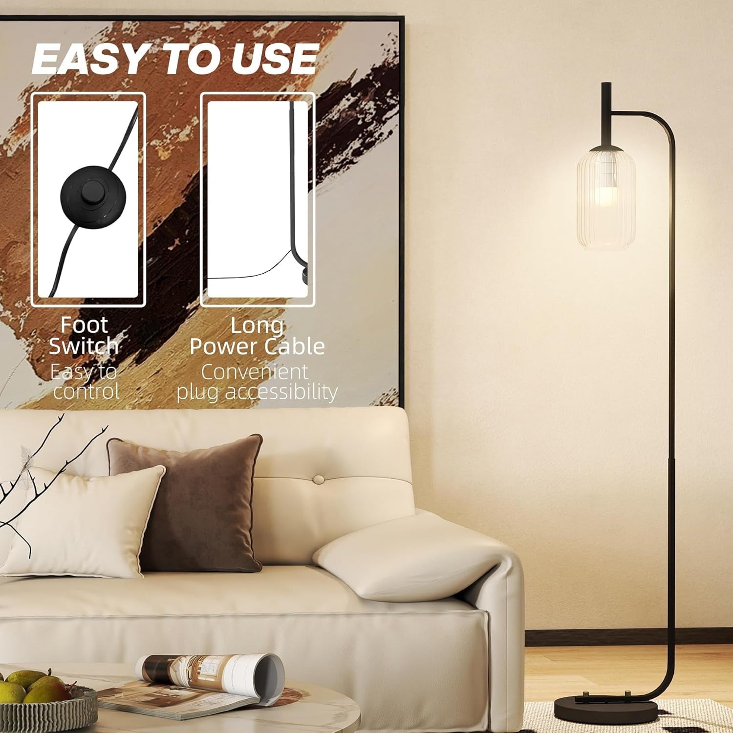 Modern Floor Lamp Glass Shade Standing Light Foot Switch Living Room Bedroom