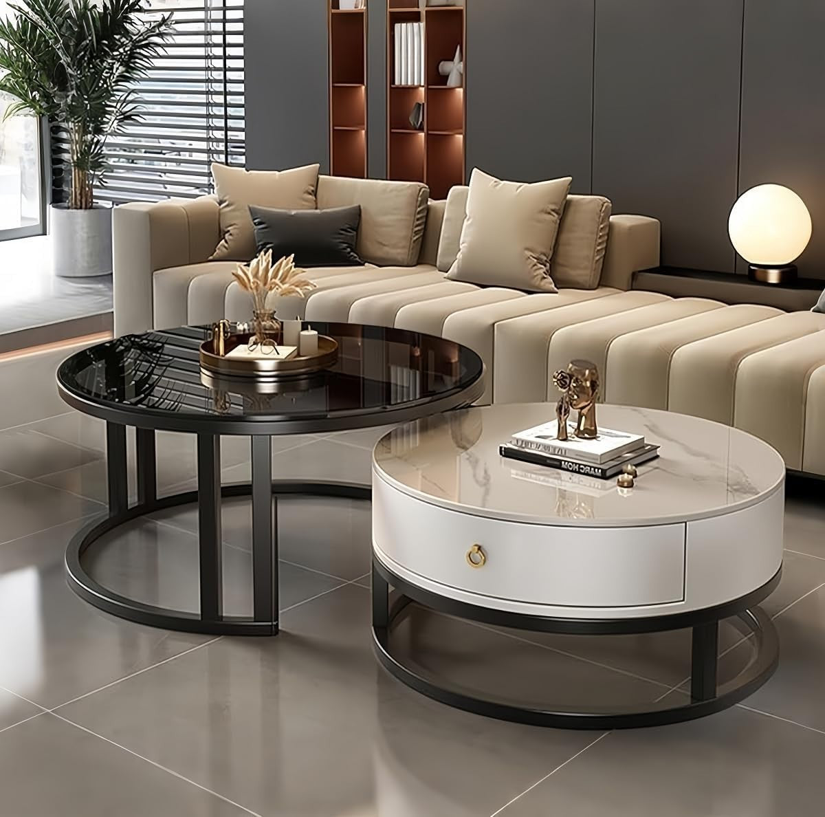 Nesting Coffee Table Set of 2 – Round Tables with Storage & Metal Frame