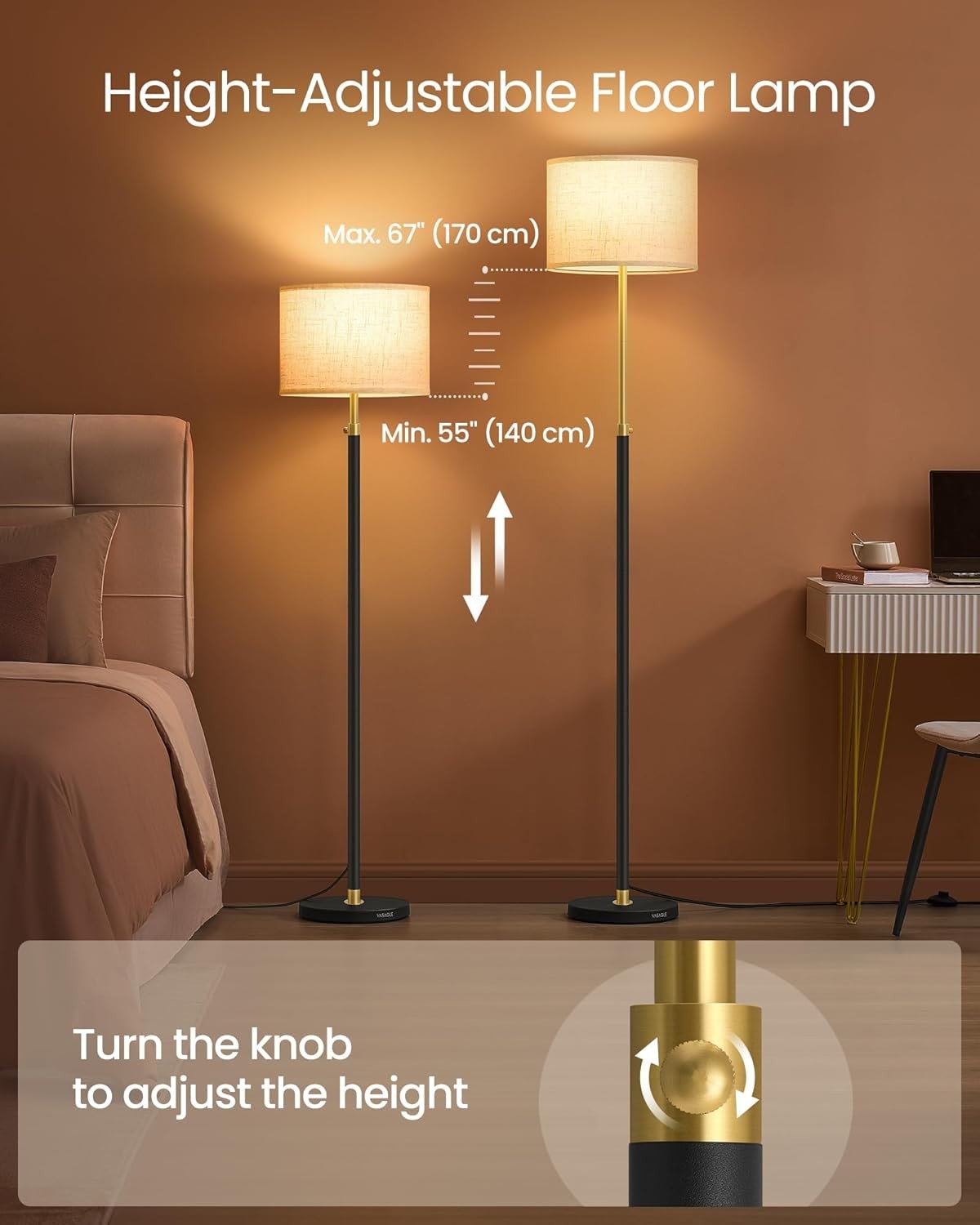 Adjustable Floor Lamp 170cm Gold Black Stand Beige Fabric Shade E27 LED