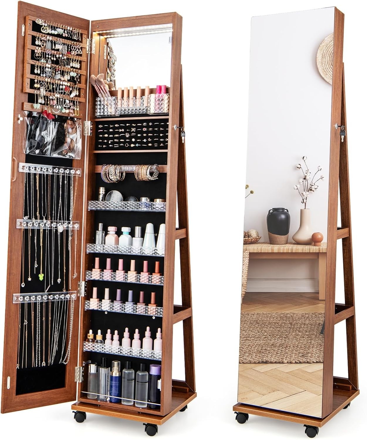 Brown Swivel Jewelry Cabinet LED Mirror Lockable Storage with Wheels