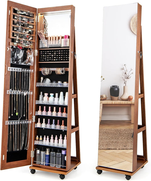 Brown Swivel Jewelry Cabinet LED Mirror Lockable Storage with Wheels
