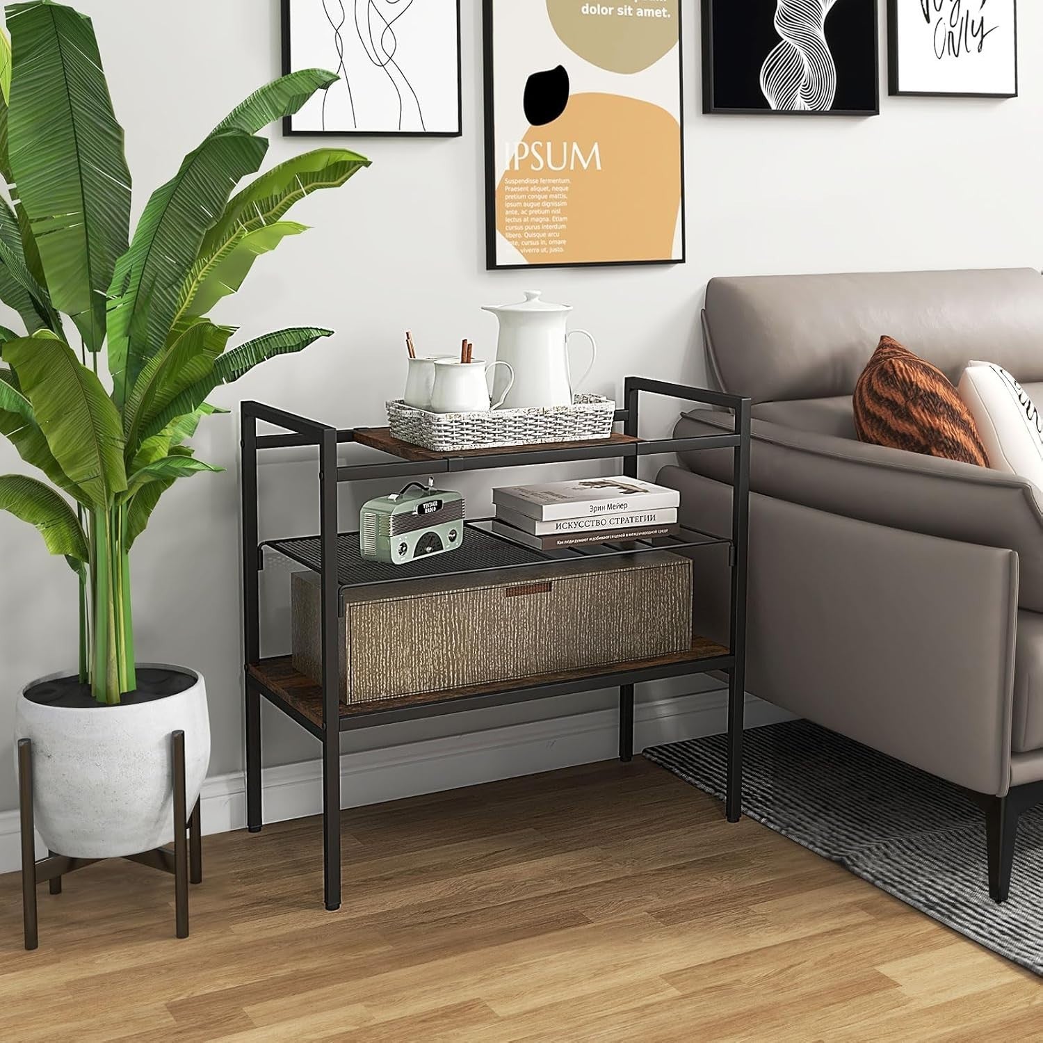 3-Tier Industrial Side Table with Removable Top & Mesh Shelf, Sturdy Metal Frame