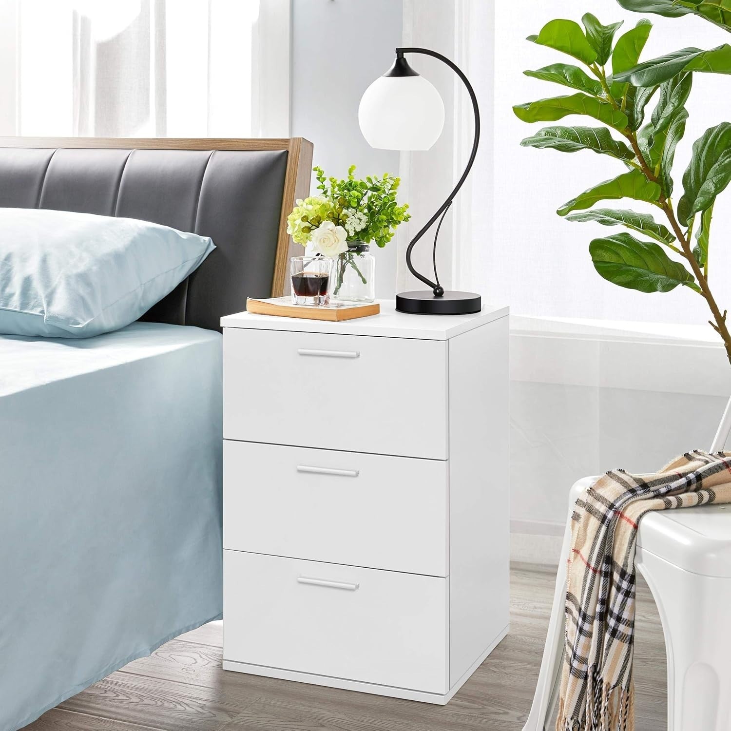 Set of 2 White Bedside Tables with 3 Drawers Modern Bedroom Nightstands