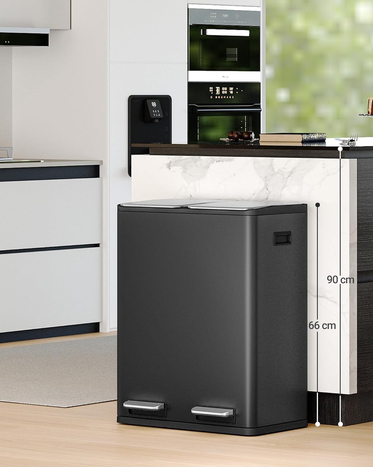 60L Double Kitchen Recycling Bin | 2 x 30L Stainless Steel Pedal Bin Black