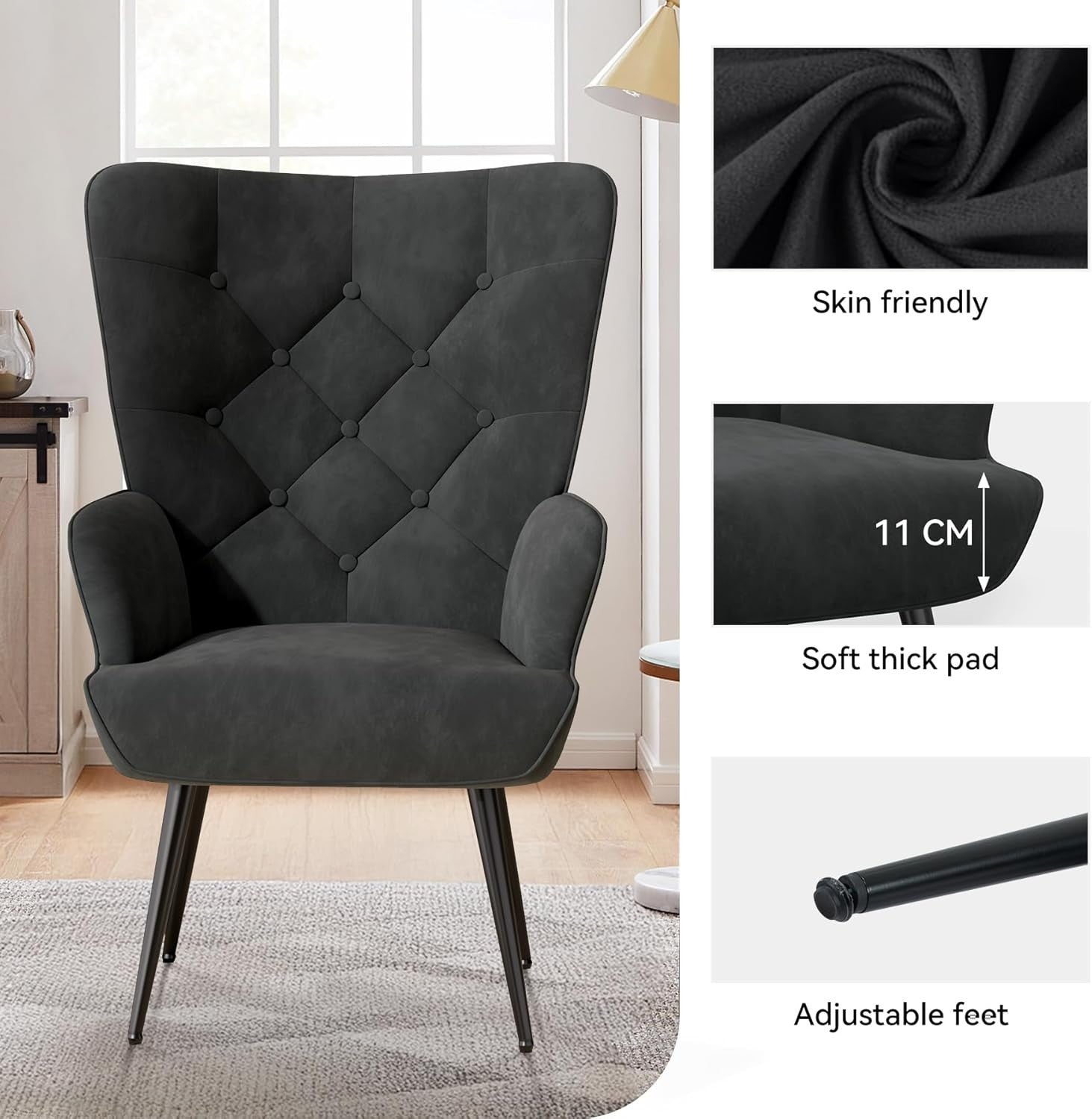 Black Velvet Wingback Armchair Gold Legs Comfy Lounge Chair Bedroom