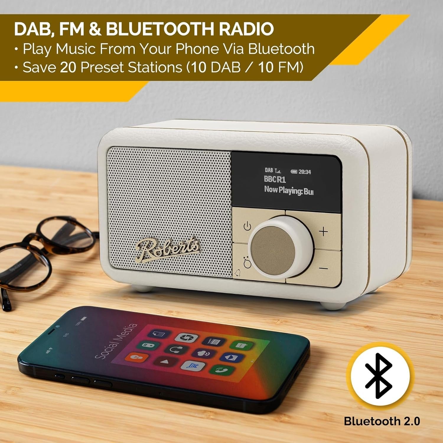 Portable FM DAB/DAB+ Digital Radio Bluetooth Speaker Pastel Cream