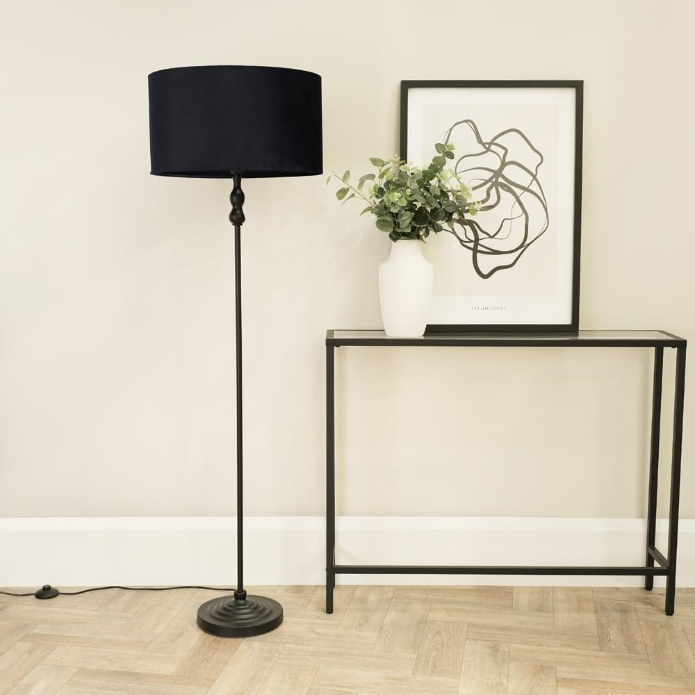 Black Metal Floor Lamp with Velvet Shade & LED Bulb, Modern Living Light