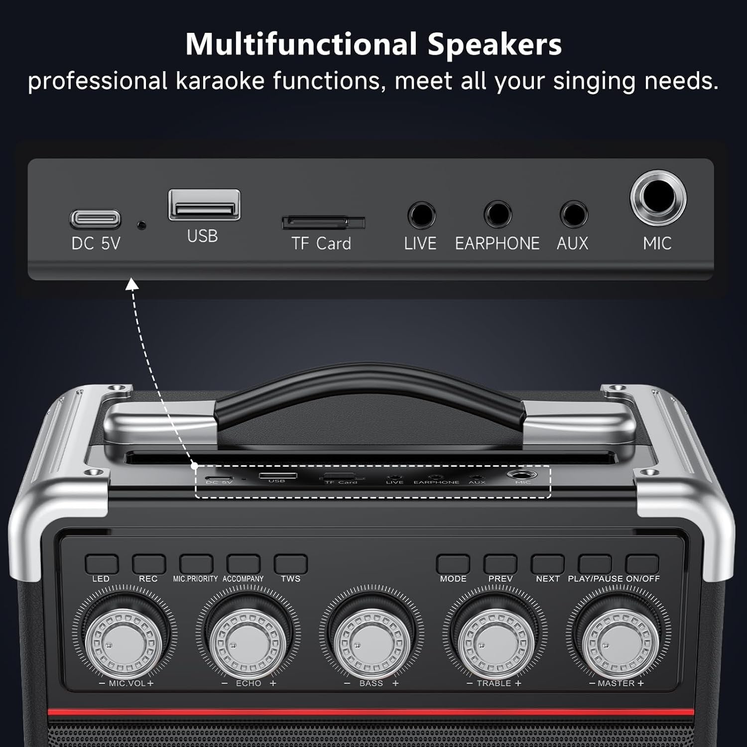 Bluetooth Karaoke Machine with 2 Mics PA Speaker LED Remote