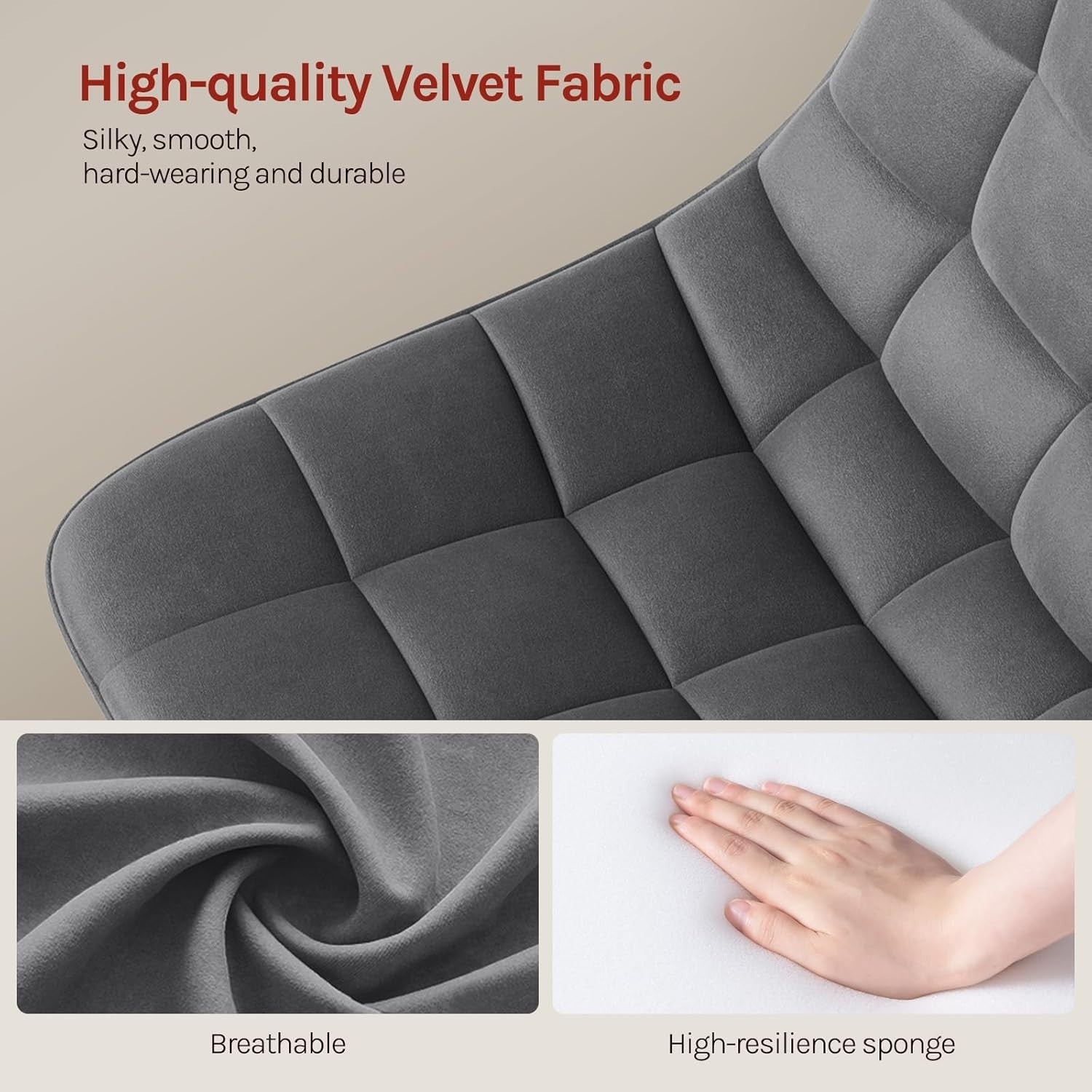 Dark Grey Velvet Swivel Vanity Stool Height Adjustable Dressing Chair