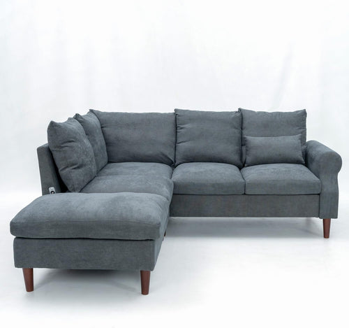 5 Seater Corner Sofa with Chaise & USB Charging Port – Grey Linen, 200x195cm