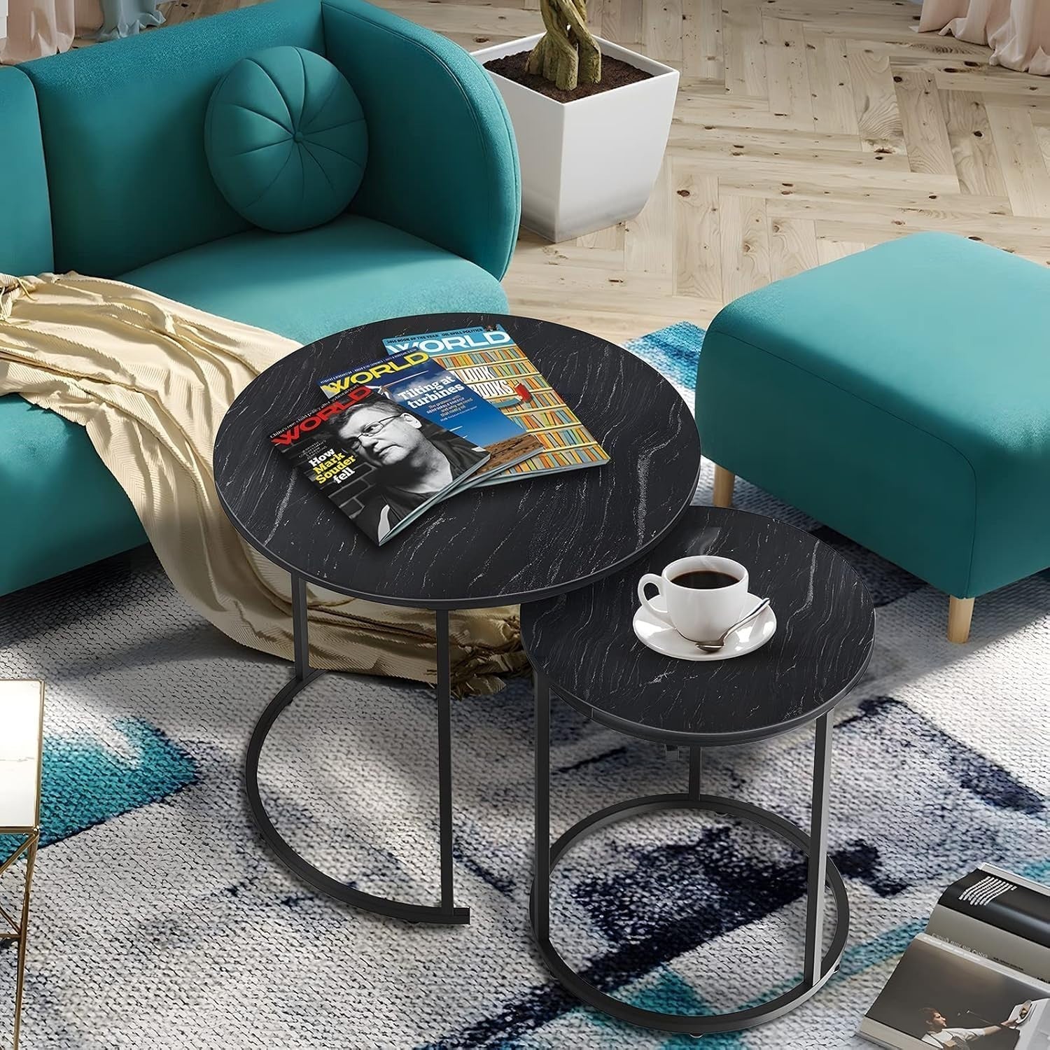 Nesting Coffee Table Set of 2 Round Faux Marble End Side Table for Living Room