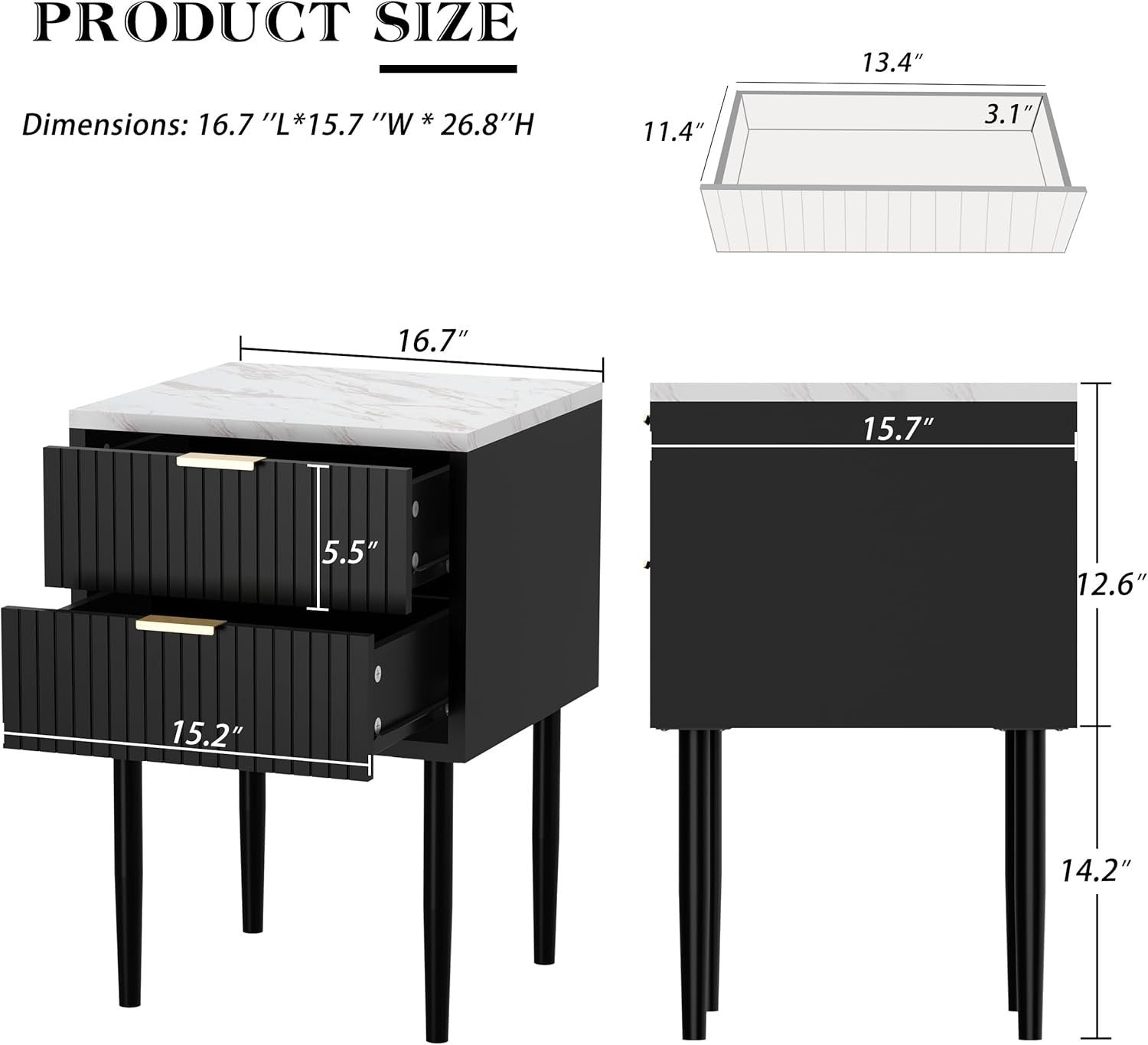 Set of 2 Marble Top Bedside Tables | Modern Black Nightstands with 2 Drawers