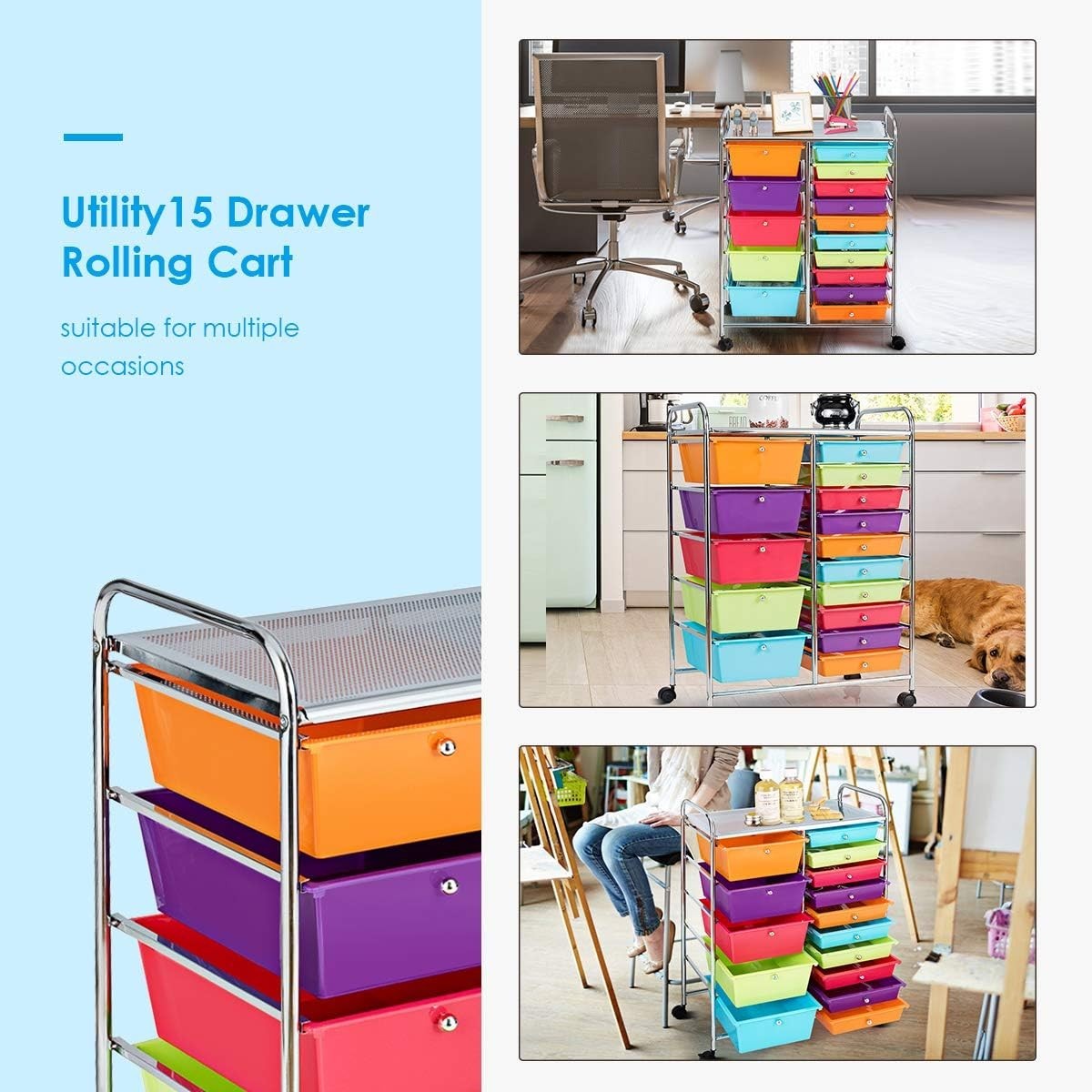Rainbow 15 Drawer Rolling Storage Cart Craft Beauty Utility Organizer