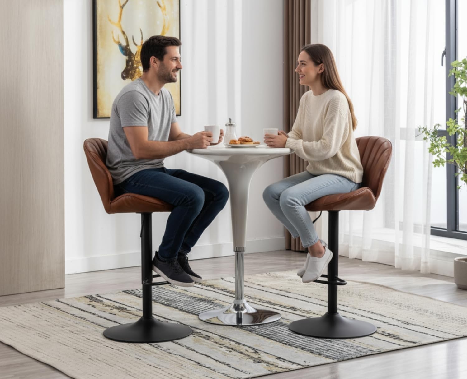 Brown PU Leather Swivel Bar Stools Set of 2 Adjustable Kitchen Counter Chairs